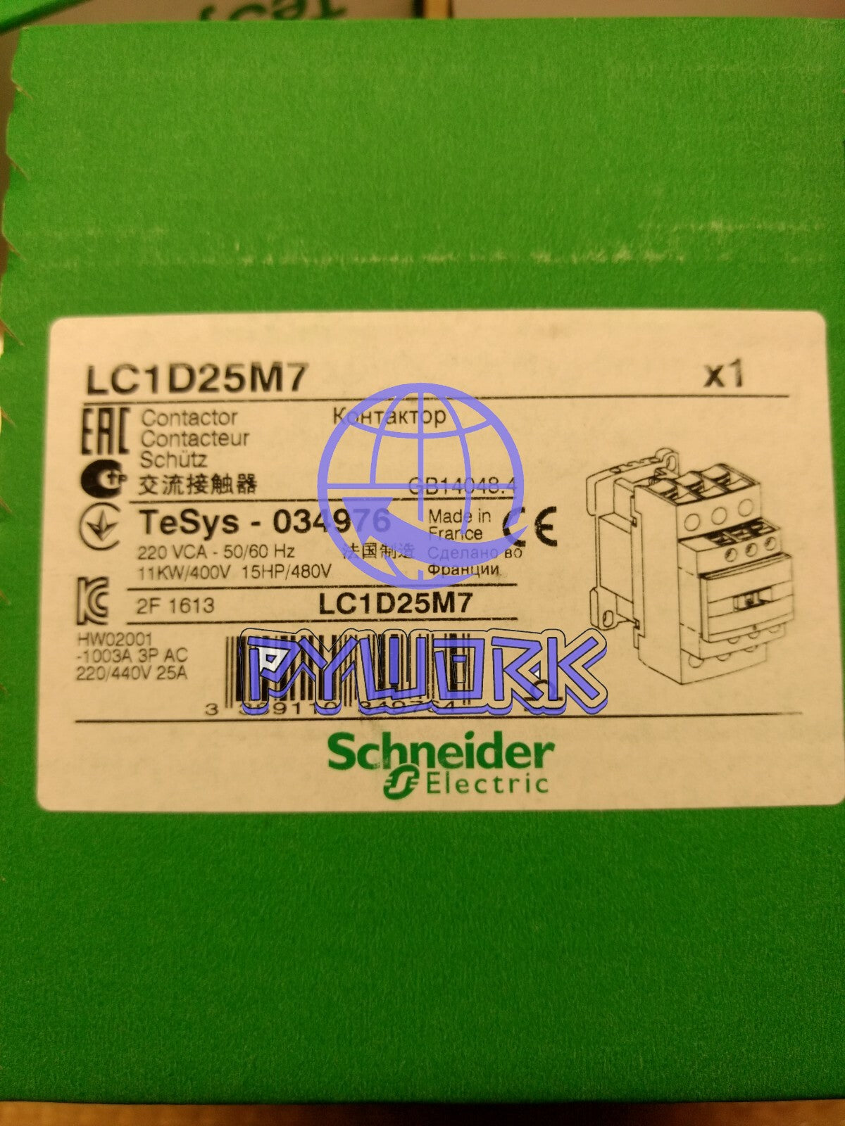 LC1D25M7 Contactor 25A 3 poles AC3 1NA+1NC 220Vca LC1-D25M7 ~