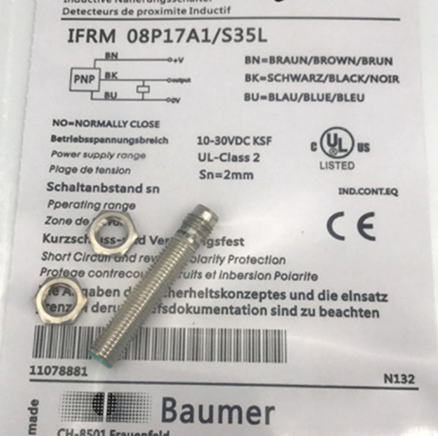 BAUMER IFRM 08P17A1/S35L: Inductive Proximity Switch Sensor, M8 2MM - BAUMER