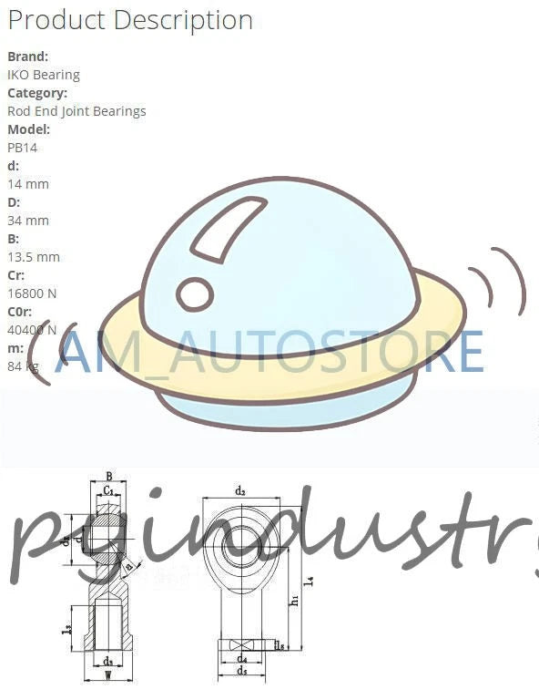 1PC IKO PB14 Lubrication Type PILLOBALL Spherical Bushings 14x34x19mm.