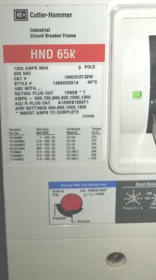Eaton HND312T33W Circuit Breaker With 1200 Amp Trip Cat. 12nes1200t - 1200 Ampere Circuit Breaker With Trip Contact - EATON