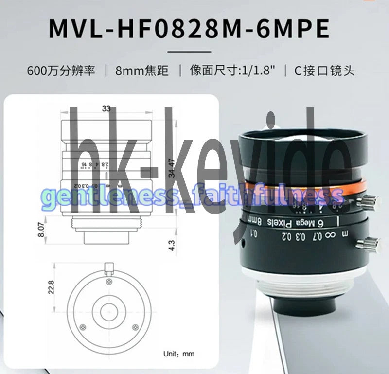1Pcs MVL-HF0828M-6MPE 8mm 6MP C-Mount Machine Vision Lens