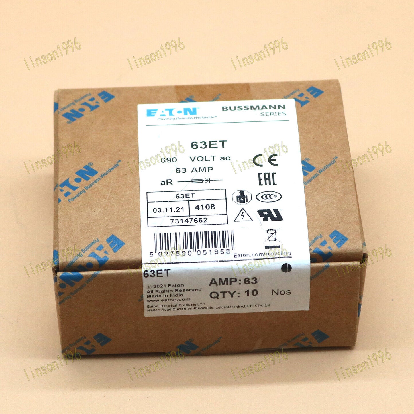 10-Piece Bussmann Eaton Fuse Box Set: BS88:4, 63ET, 63A, 690V - Fast Shipping - BUSSMANN