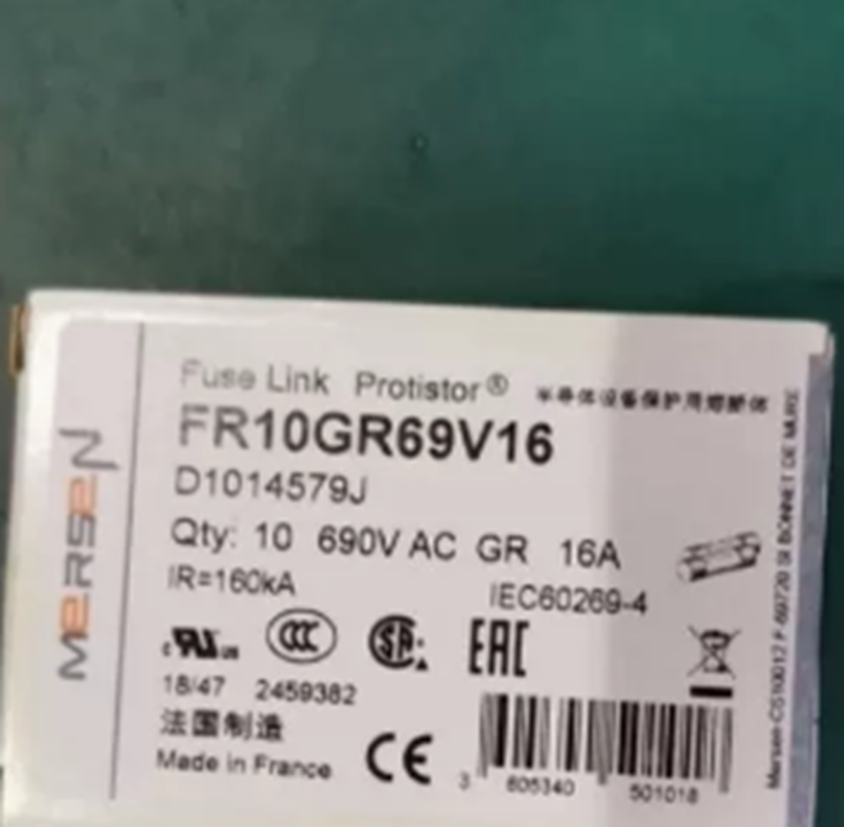 New MERSEN FR10GR69V16 Protistor Fuse Link 10PCS 16A 690VAC - MERSEN