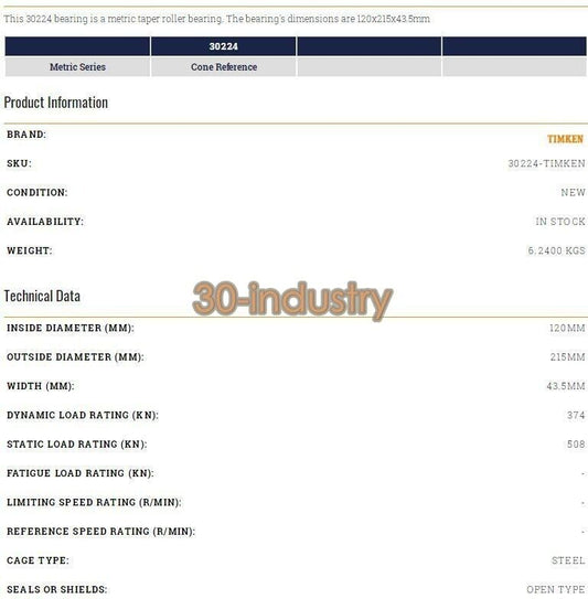 TIMKEN 30224 Taper Roller Bearing - 120x215x43.5mm Replacement - TIMKEN