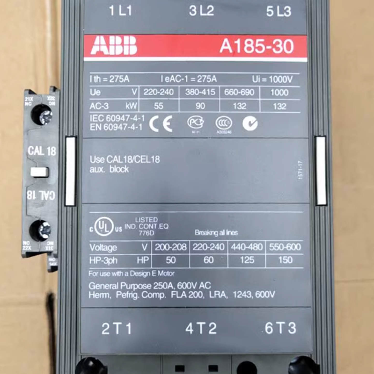 ABB A185-30-11 AC Contactor, 185A 30P 11AC 4P 120V 208V 600V 0.6kW 1kW 1.5kW - ABB