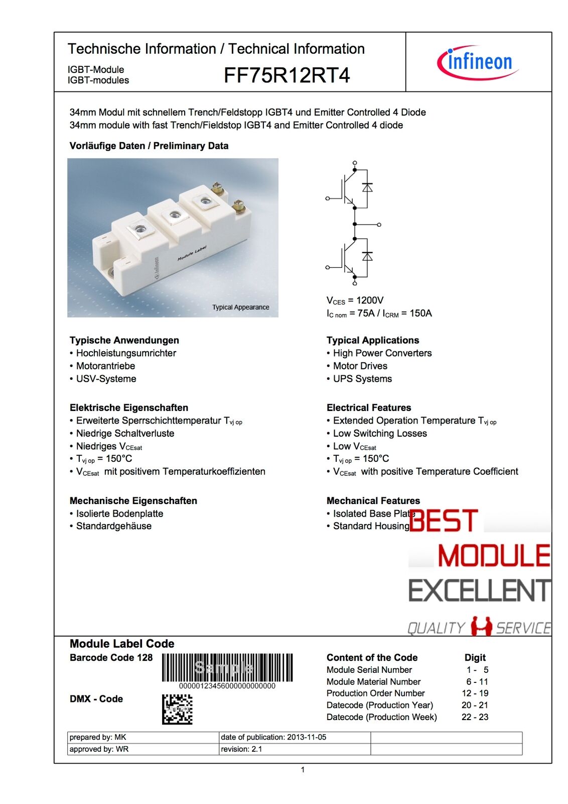 new 1PCS INFINEON FF75R12RT4 power supply module Quality Assurance - KOEED