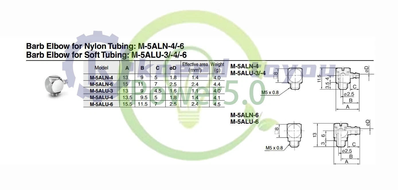 SMC M-5ALU-4 Barb Elbow connector Fitting for Soft Tubing 1PCS