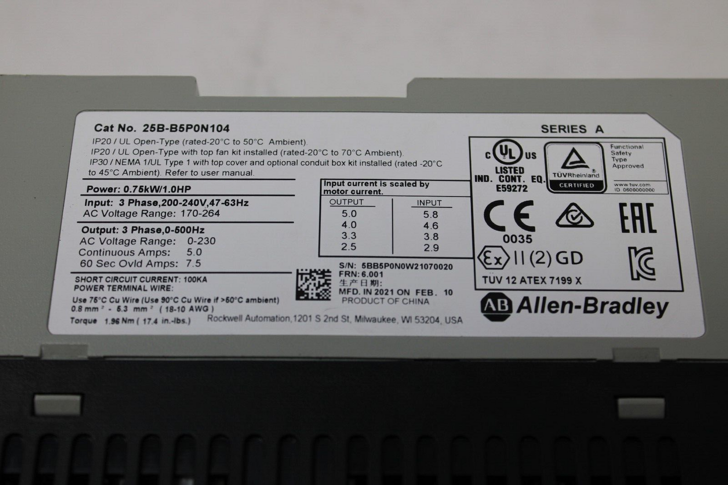 used Allen Bradley 25B-B5P0N104 PowerFlex 525 - ALLEN BRADLEY