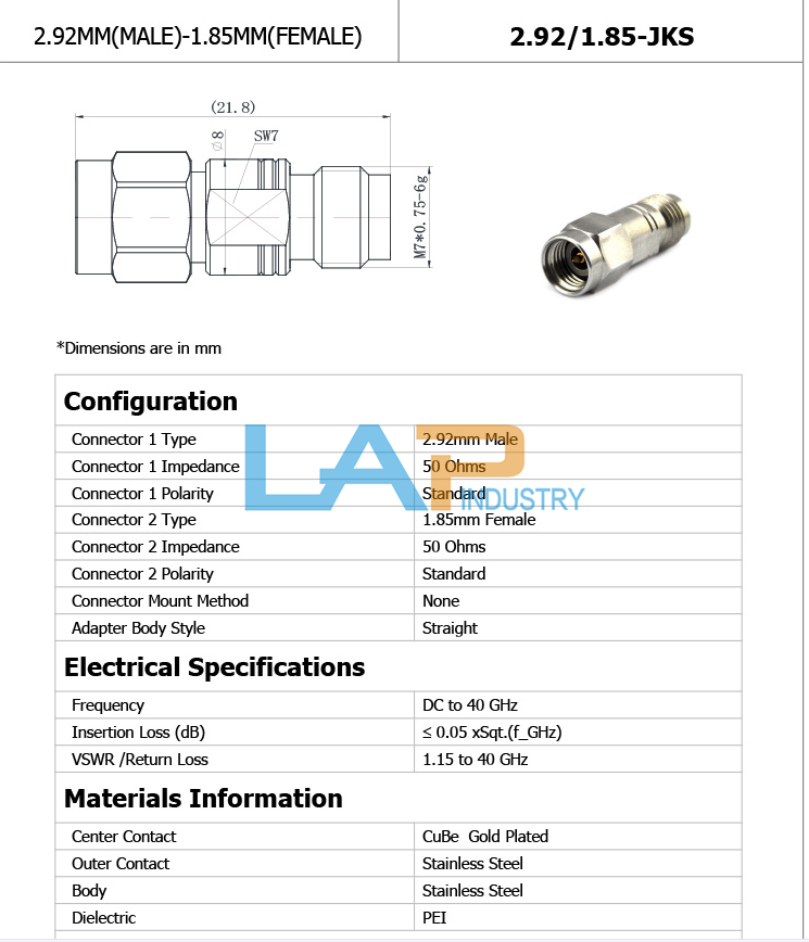 1PCS 2.92mm to 1.85mm RF Adapter - 2.92/1.85-JKS - JKS