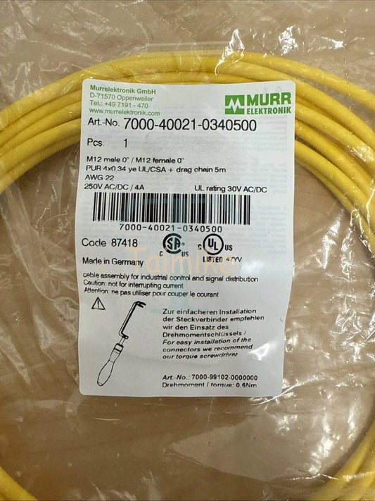 ! MURR ELEKTRONIK 7000-40021-0340500 M12 Male 0 Degree / M12 Female 0 Degree