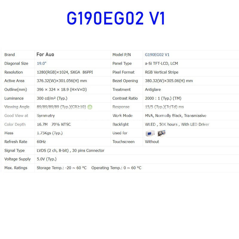 G190EG02 V1 19.0 Inch LCD Display Screen Panel G190EG02 V.1
