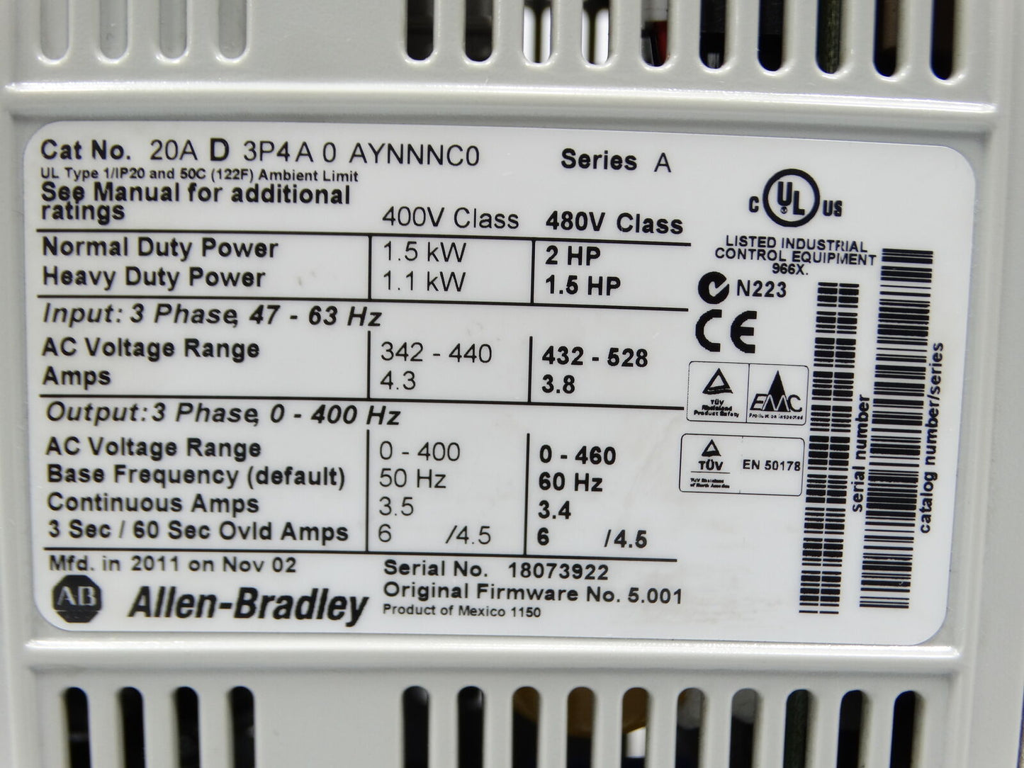 Allen Bradley Series A Drive Component 20AD3P4A0AYNNNC0 - ALLEN BRADLEY