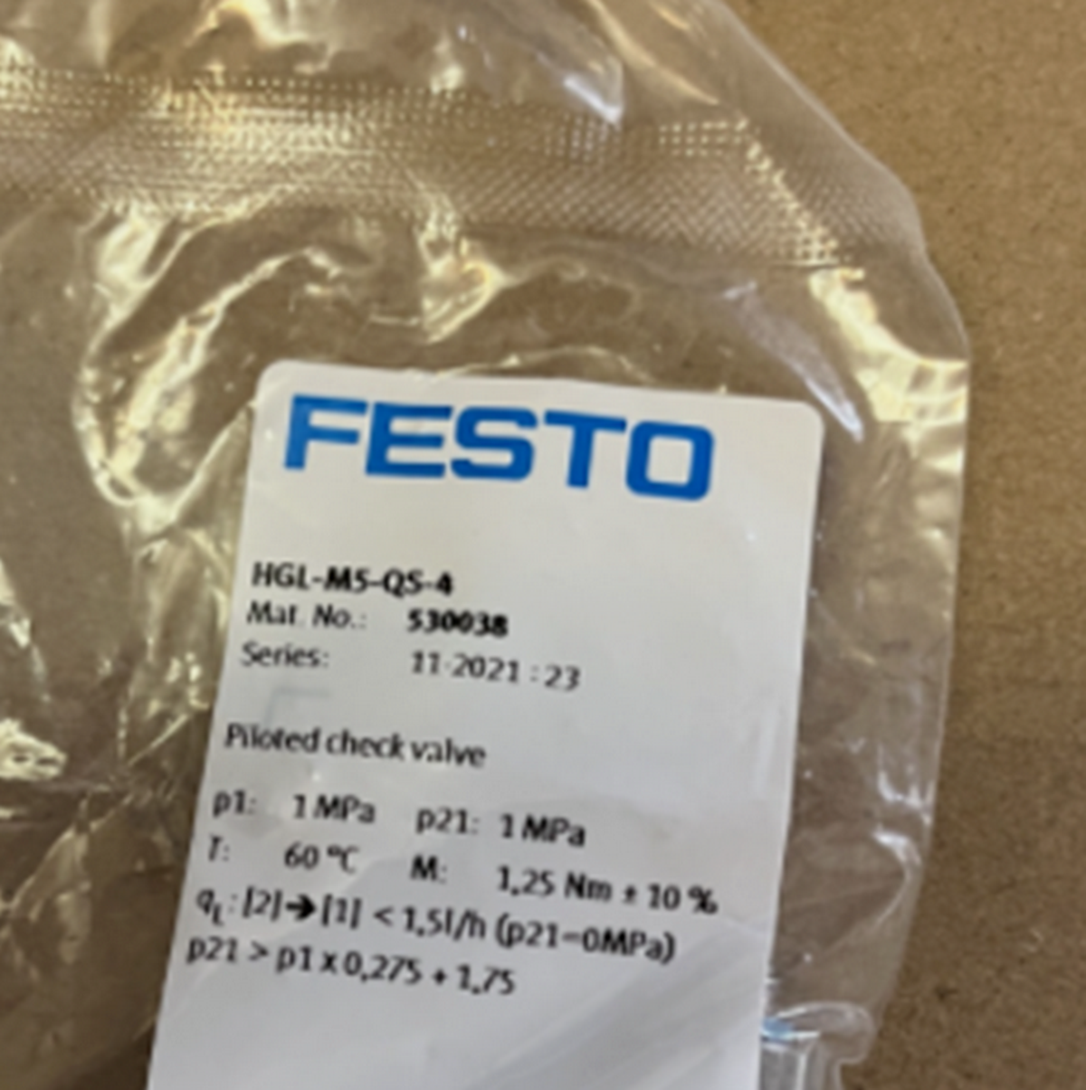 FESTO HGL-M5-QS-4 530038 Gas Connector - High-Pressure Industrial Gas Fitting with NPT Thread - FESTO