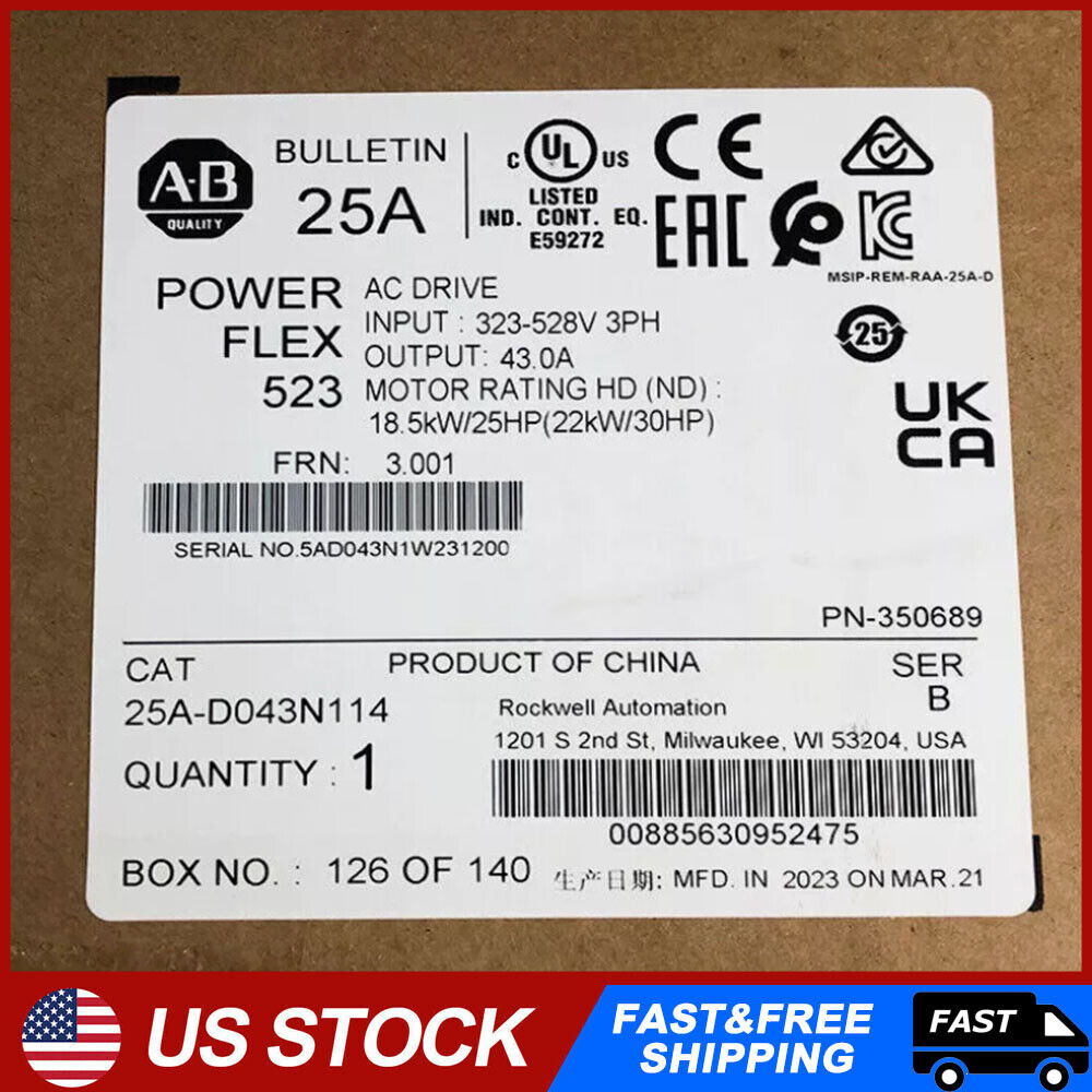 1 Piece New Sealed Allen-Bradley 25A-D043N114 PowerFlex 523 22kW (30Hp) AC Drive - ALLEN-BRADLEY