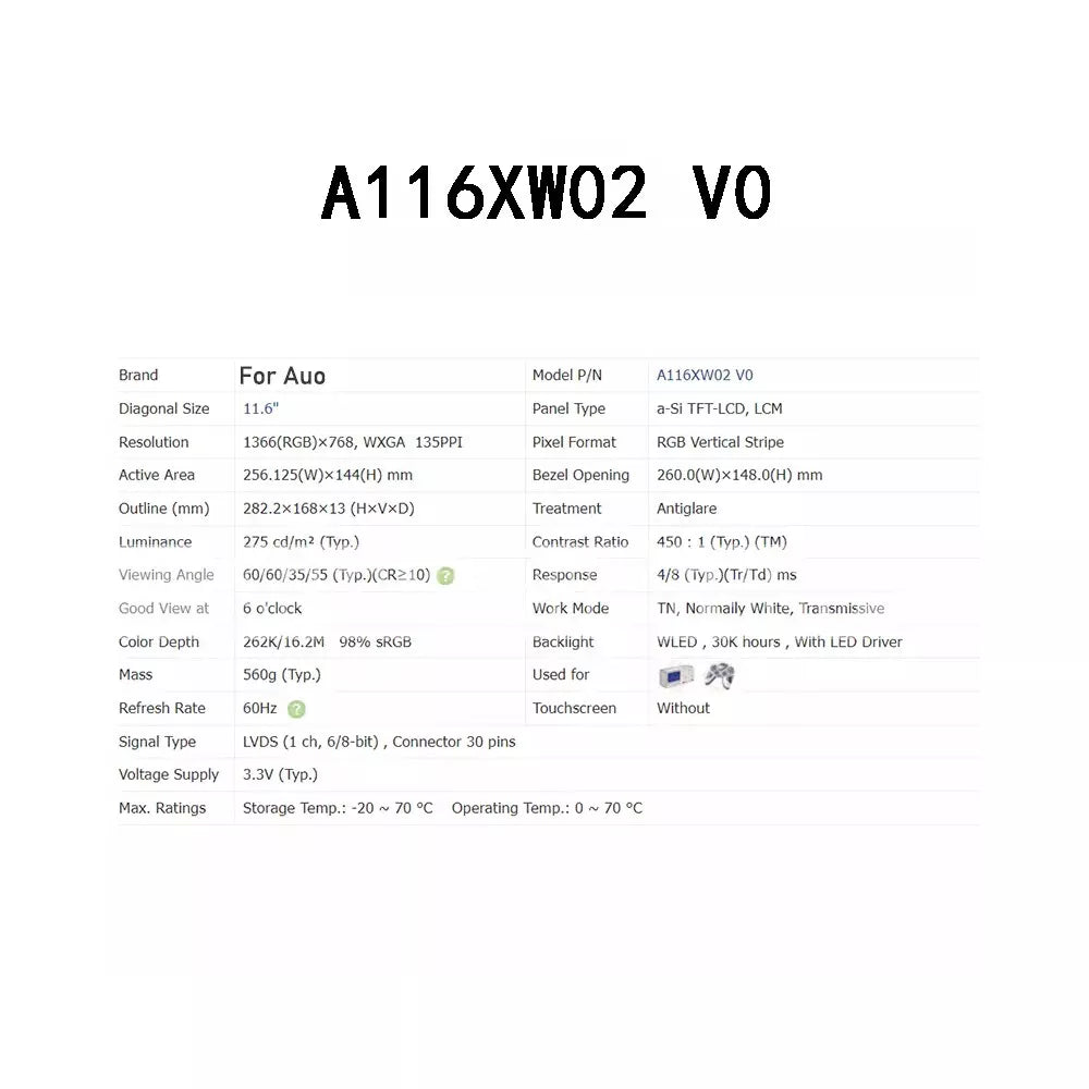11.6" AUO A116XW02 V0 LCD Display Screen - AUO