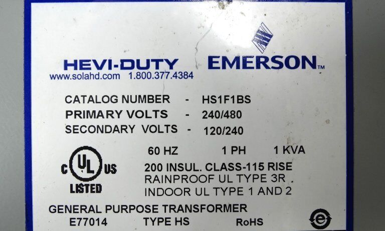 EMERSON HS1F1BS TRANSFORMER - High Efficiency Small Space Transformer, 100W to 200W, 120V to 208V, 90% Efficient - EMERSON