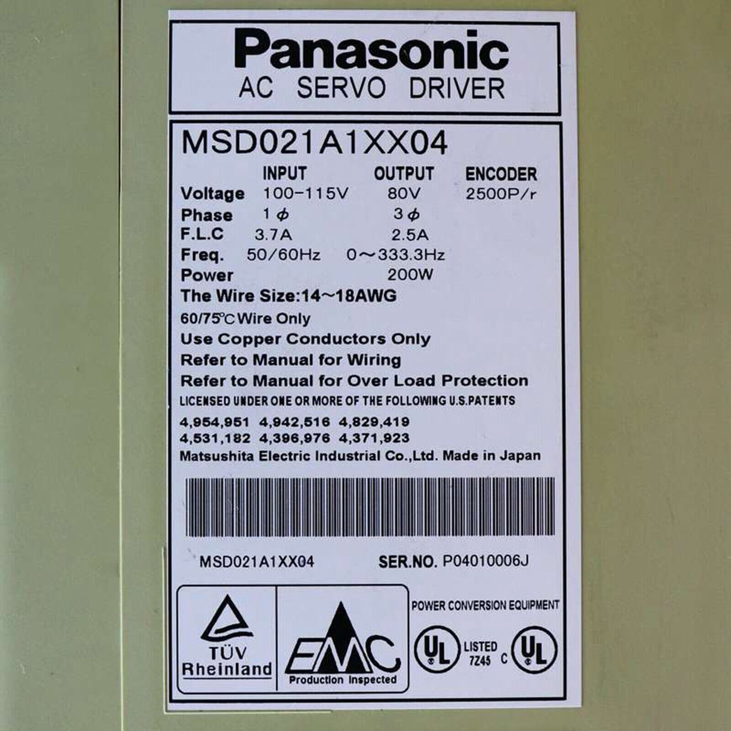 Panasonic MSD021A1XX04 Servo Drive - PANASONIC