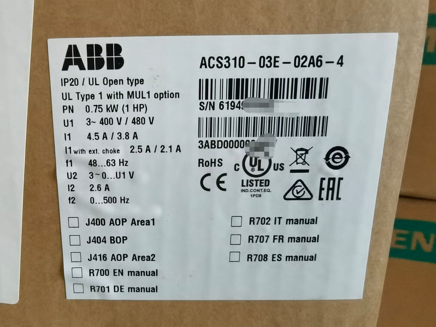 ABB ACS310-03E-02A6-4 Frequency converter, 0.75 KW - ABB