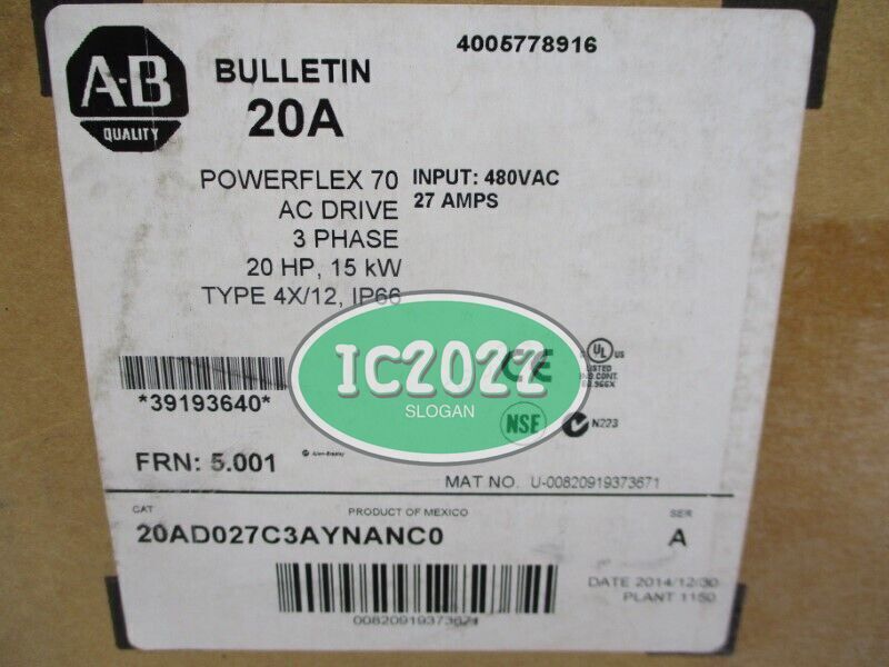 Sealed Allen Bradley 20AD027C3AYNANC0 PowerFlex70 AC Drive 15kW/20HP 400V - ALLEN BRADLEY