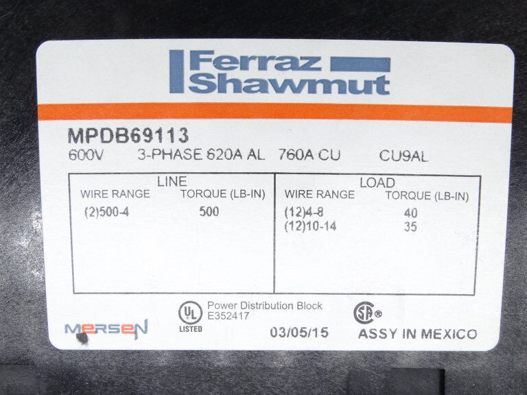 MERSEN FERRAZ SHAWMUT MPDB69113 POWER DISTRIBUTION BLOCK - MERSEN FERRAZ SHAWMUT