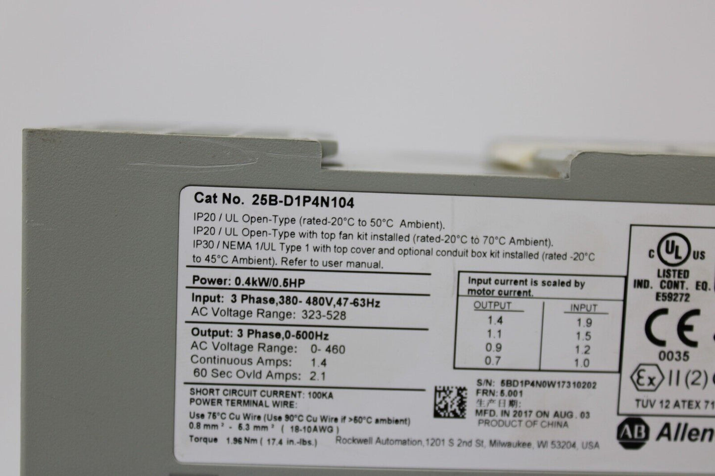 used Allen Bradley 25B-D1P4N104 PowerFlex 525 *No Cover - ALLEN BRADLEY