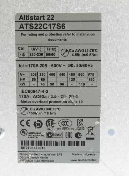 SCHNEIDER ELECTRIC ATS22C17S6 MOTOR STARTER - SCHNEIDER ELECTRIC