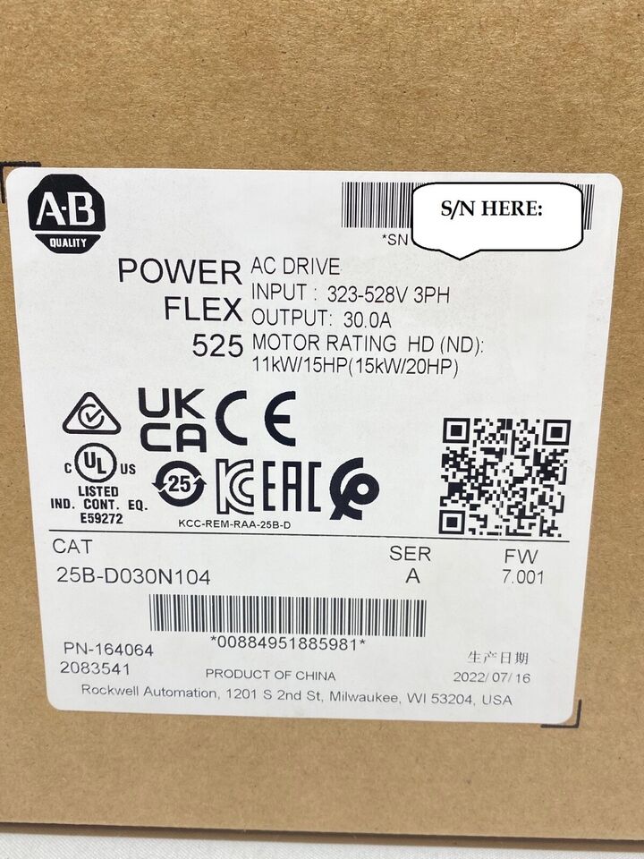 new Allen-Bradley 25B-D030N104 Power Flex 525 15kW 20Hp AC Drive 25BD030N104