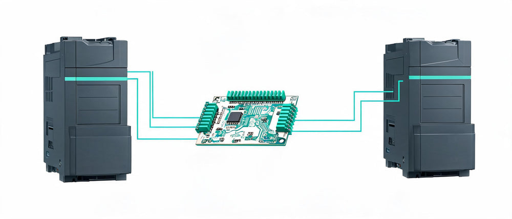 Illustration of an option card being fitted into a variable frequency drive connected to an industrial Ethernet safety network.
