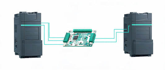 Illustration of an option card being fitted into a variable frequency drive connected to an industrial Ethernet safety network.