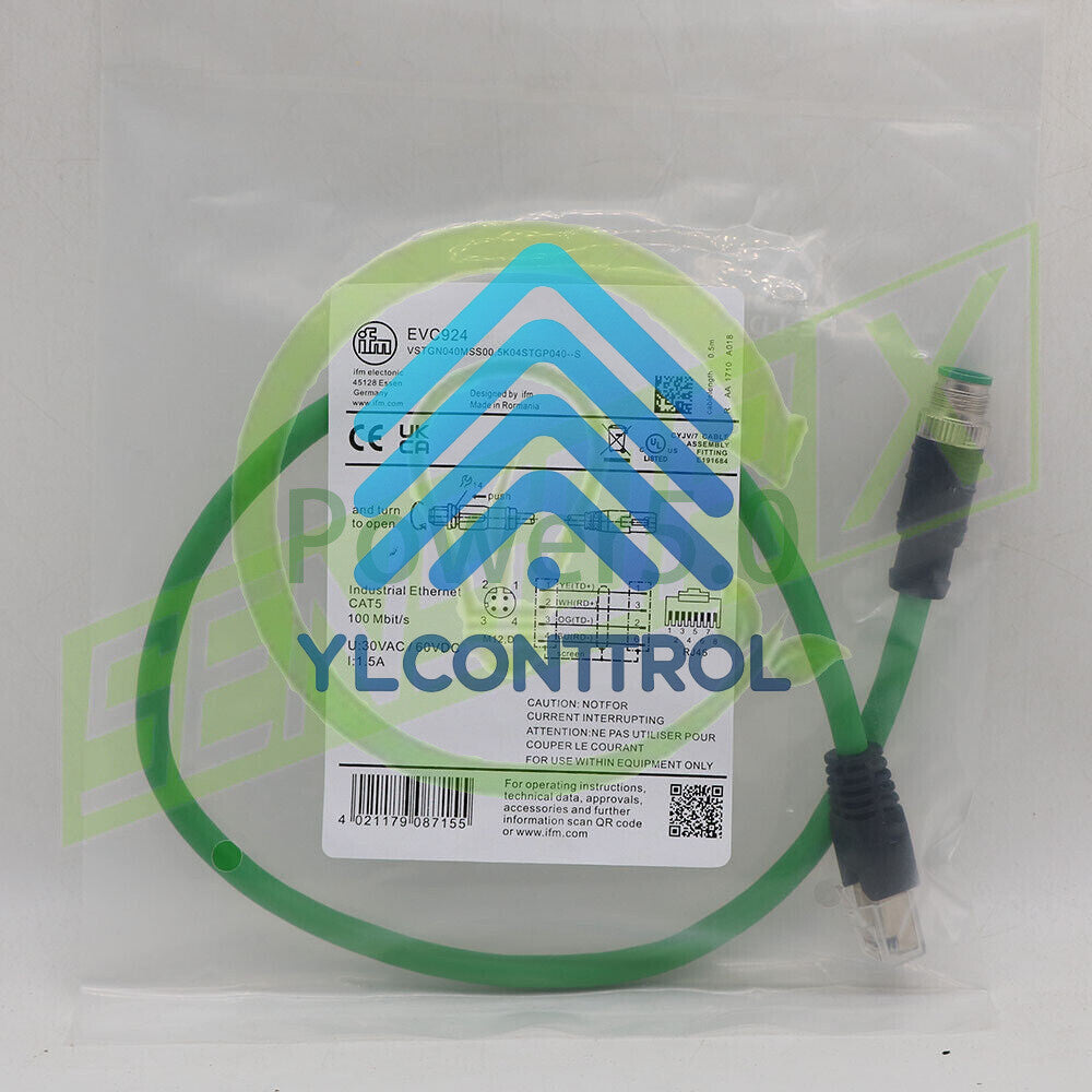 IFM EFECTOR EVC924 Ethernet connection cable CAT5 M12 RJ45 0.5 Meter~