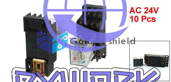 10Pcs HH54PL Coil 4PDT 35mm DIN Rail Mounting Power Relay AC24V