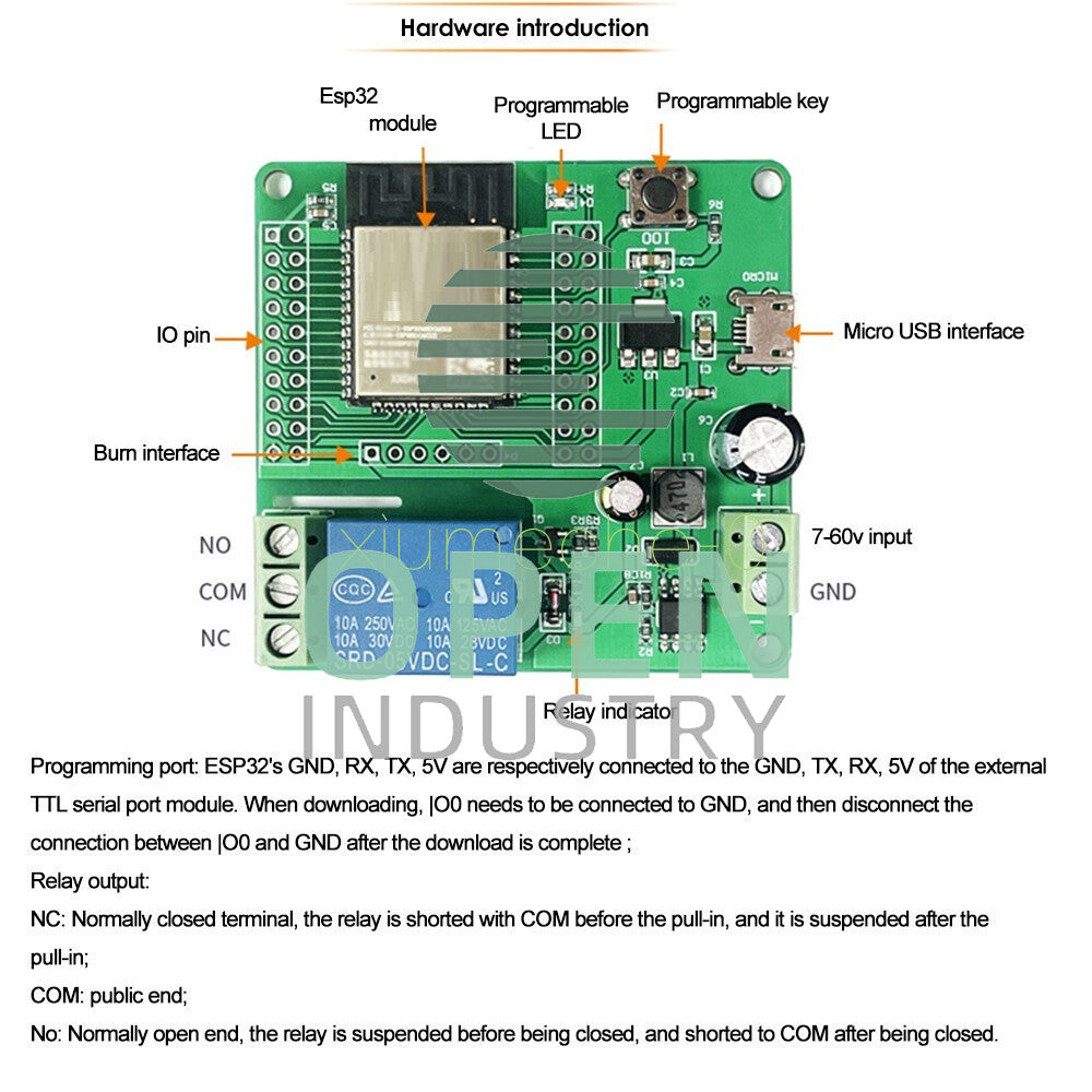 ESP32 Development Board Single Relay Module DC7-60V Micro USB 5V