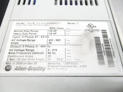 Allen-Bradley 20AE022A0AYNNNC0 PowerFlex 70 20Hp 432-660Vac - ALLEN-BRADLEY [2]