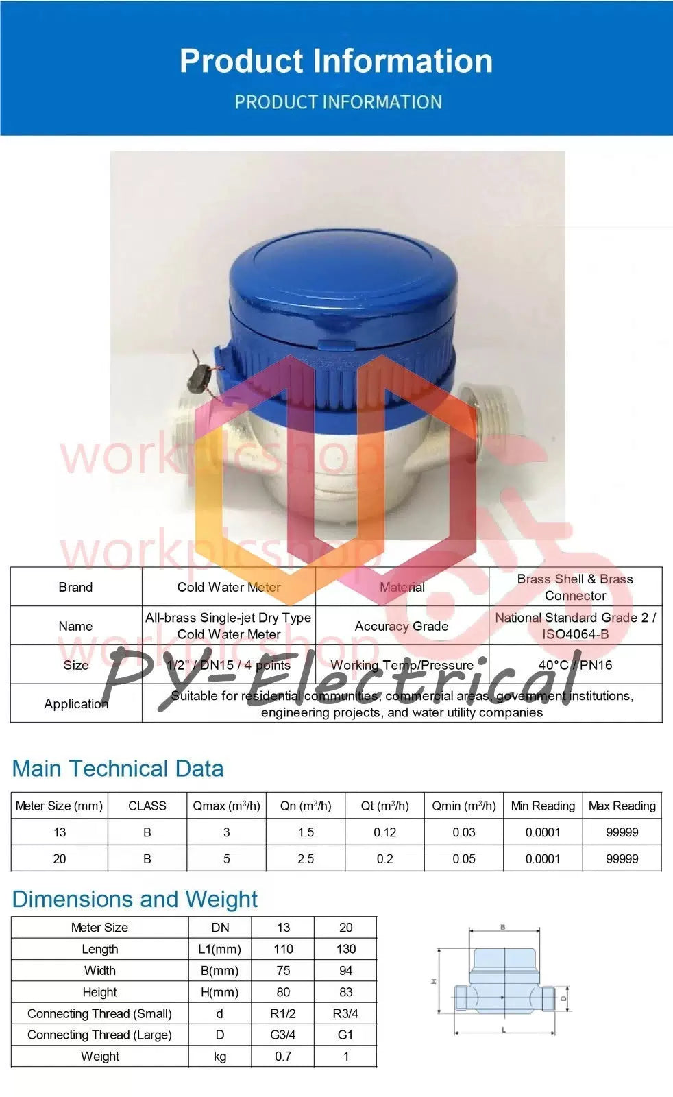 Jet Dry Dial Water Meter LXSG-13D 1/2" Brass Single DN15 0.03-3m³/h Home Use [3]