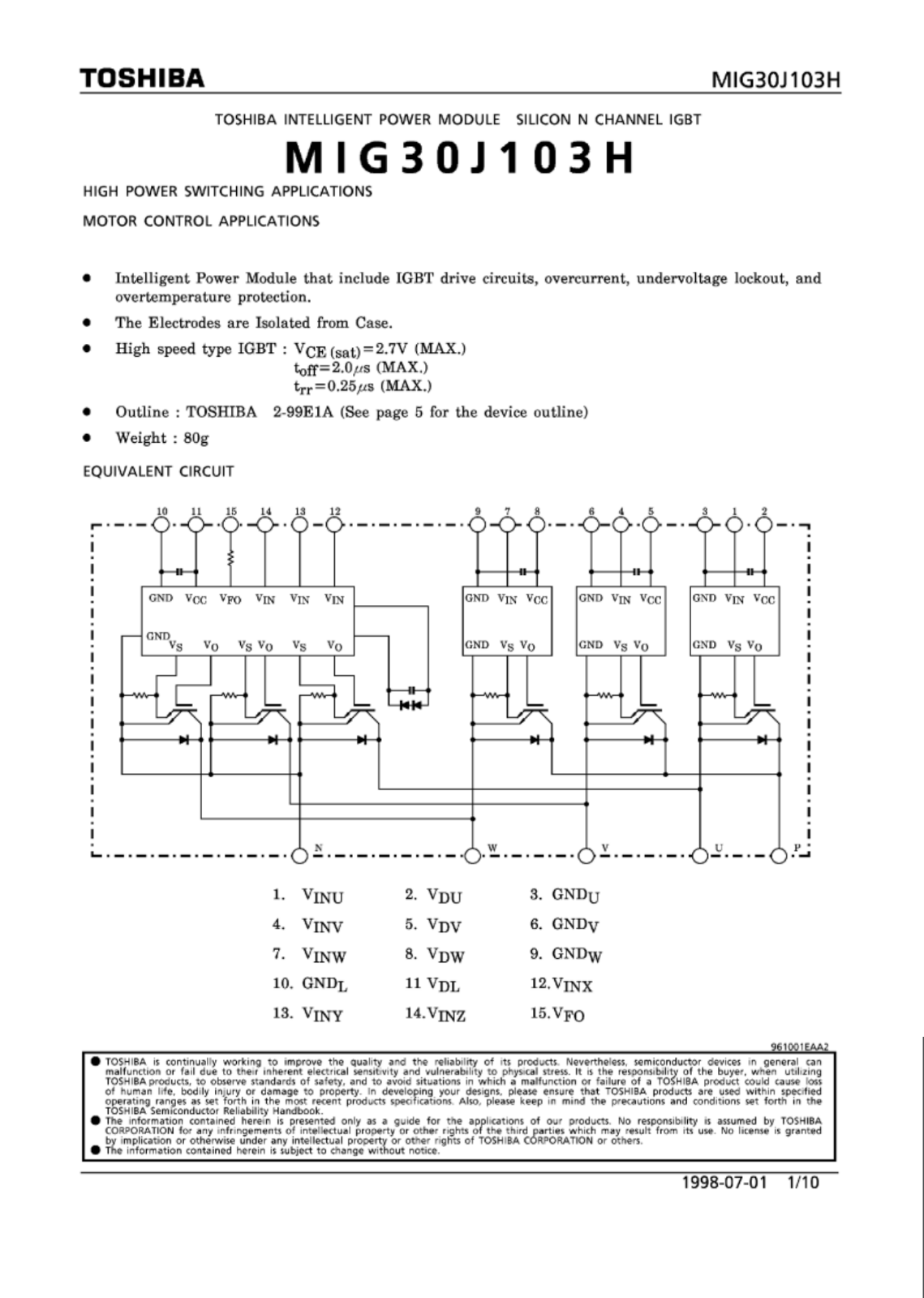 TOSHIBA MIG30J103H Power Supply Module - TOSHIBA