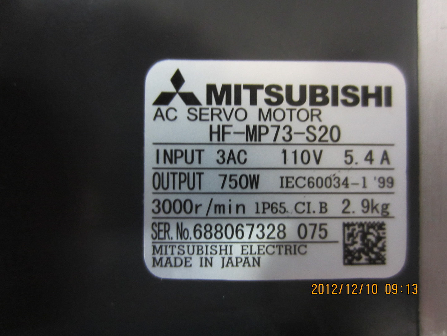 MITSUBISHI AC SERVO MOTOR HF-MP73-S20