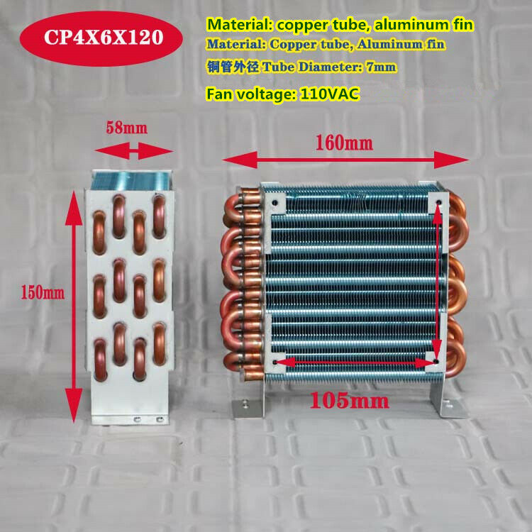 new 1pcs CP4x6x120 condenser air-cooled copper tube aluminum fin radiator 110V fan