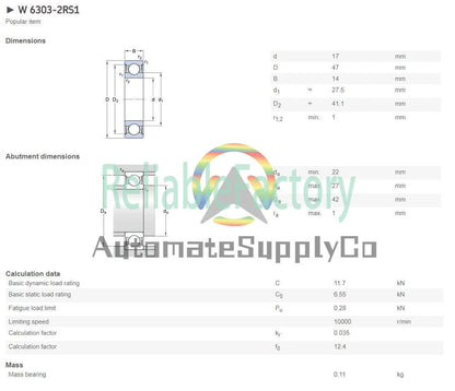 6303-2RS1 Deep Groove Ball Bearings 17x47x14 mm #