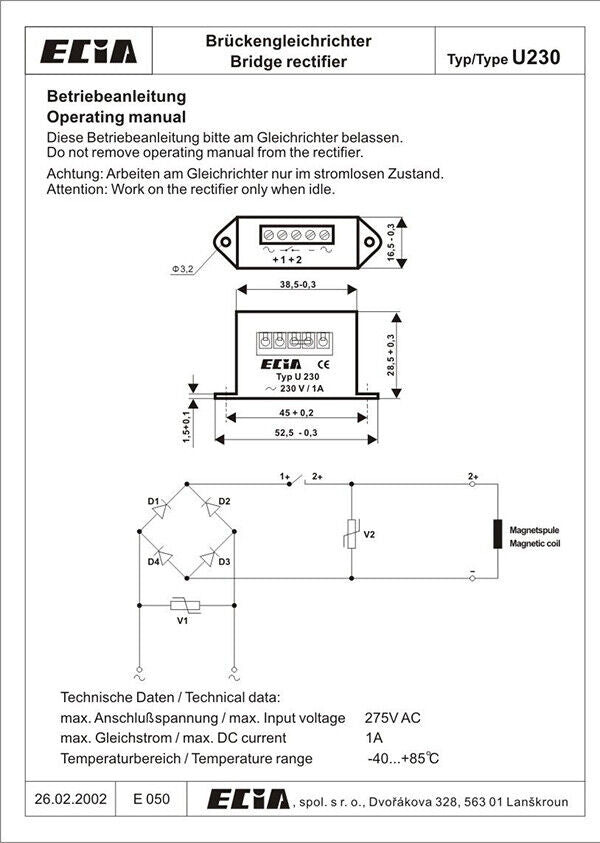 new Germany  ECIA TYP U230 230V/1A Brake Rectifier Power Supply Module