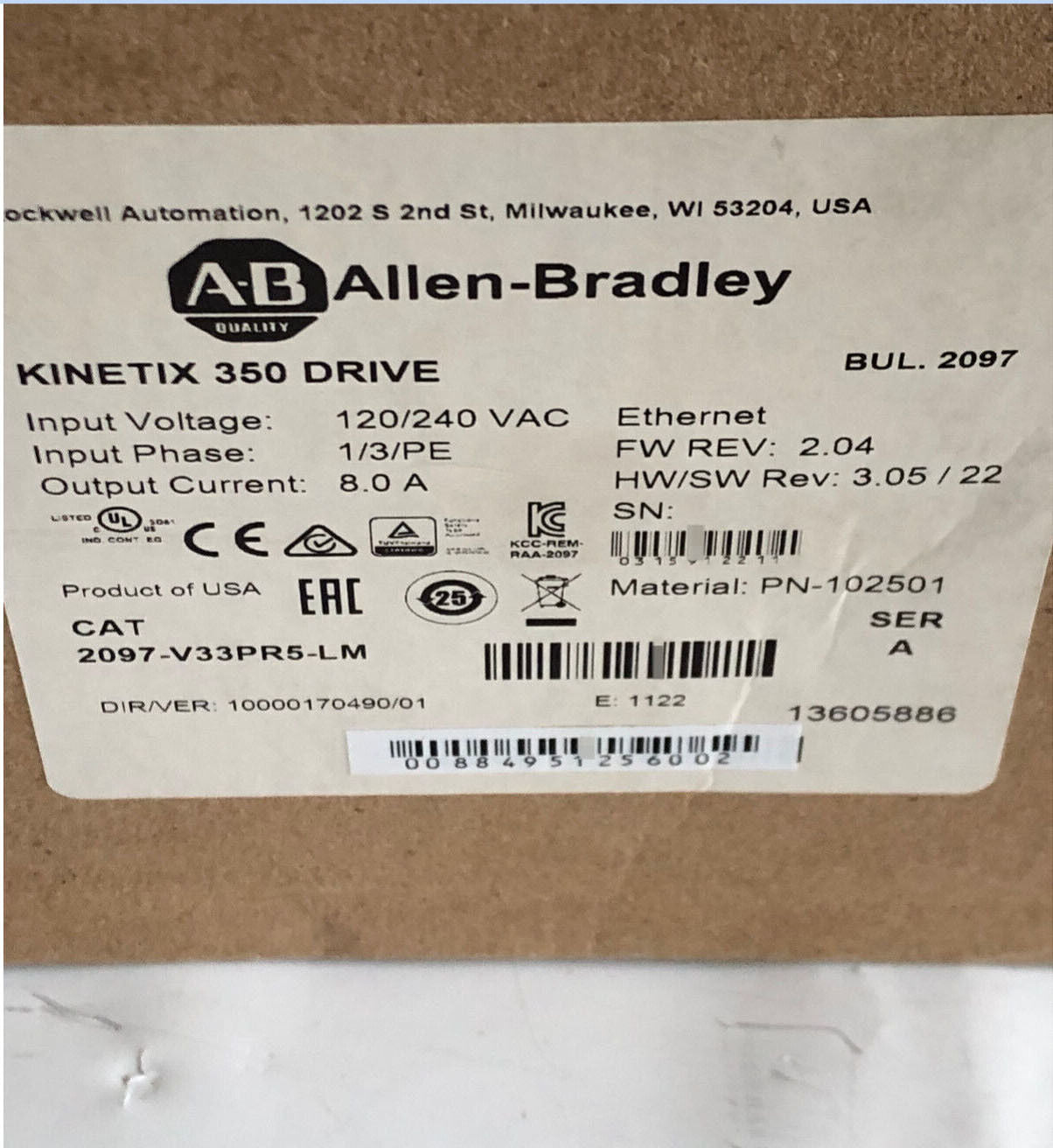 ALLEN BRADLEY 2097-V33PR5-LM Kinetix 350 2.0kW Servo Drive AB 2097 V33PR5 LM AB