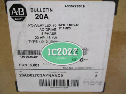 Sealed Allen Bradley 20AD027C3AYNANC0 PowerFlex70 AC Drive 15kW/20HP 400V - ALLEN BRADLEY