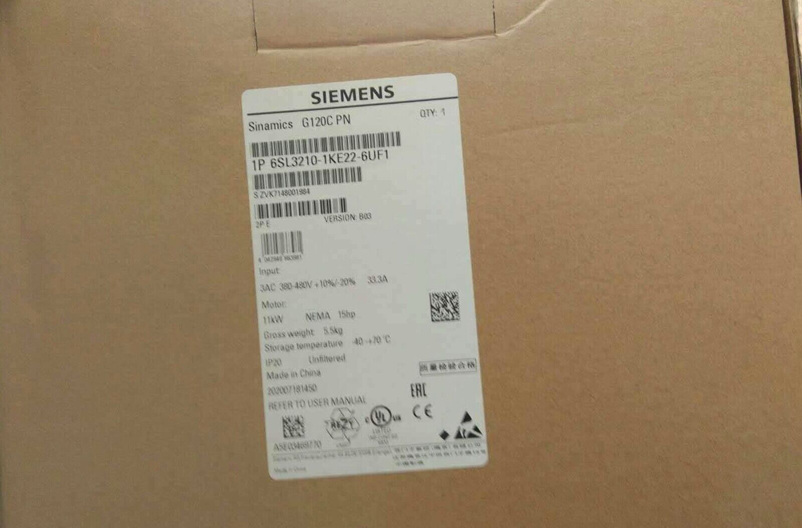 new  SIEMENS 6SL3210-1KE22-6UF1 G120C Drive Converter 33.3A 11kW 15Hp