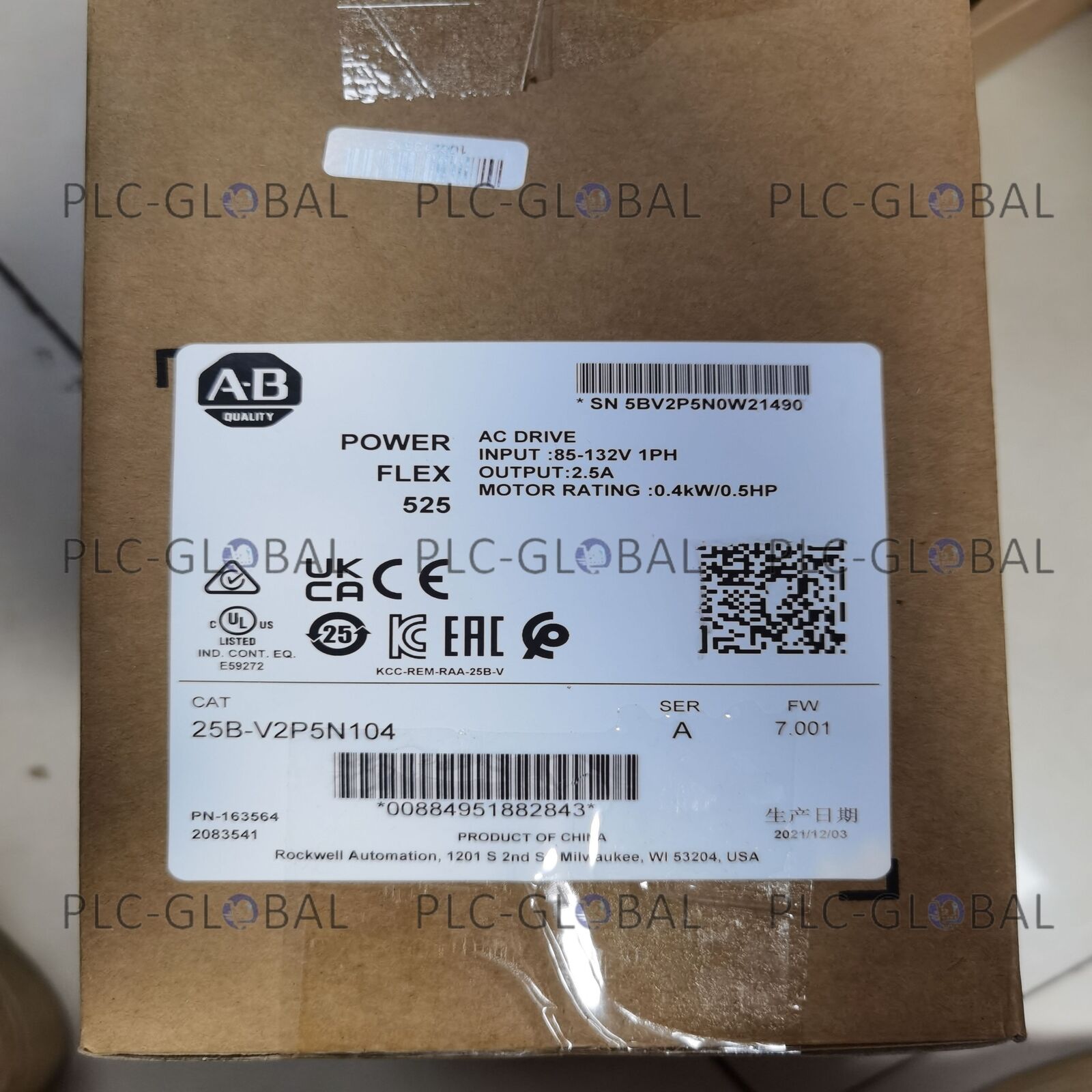 new Allen-Bradley PowerFlex 525 AC Drive, 120 VAC, 1 Phase, 0.5 HP, No Filter