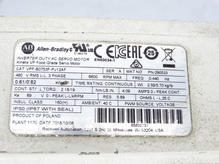 Allen Bradley VPF-B0753F-PJ12AF SERVO MOTOR - ALLEN BRADLEY
