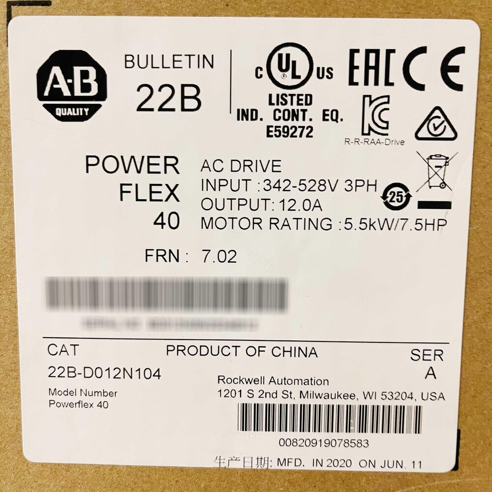Allen Bradley 22B-D012N104 PowerFlex 40 12A 7.5HP AC Drive - ALLEN BRADLEY