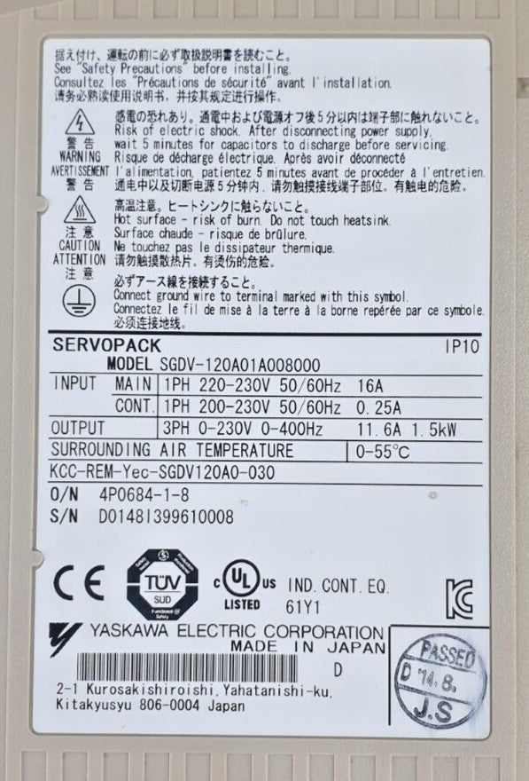 1PCS  YASKAWA SGDV-120A01A008000 Servo Drive Free delivery