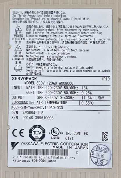 1PCS  YASKAWA SGDV-120A01A008000 Servo Drive Free delivery
