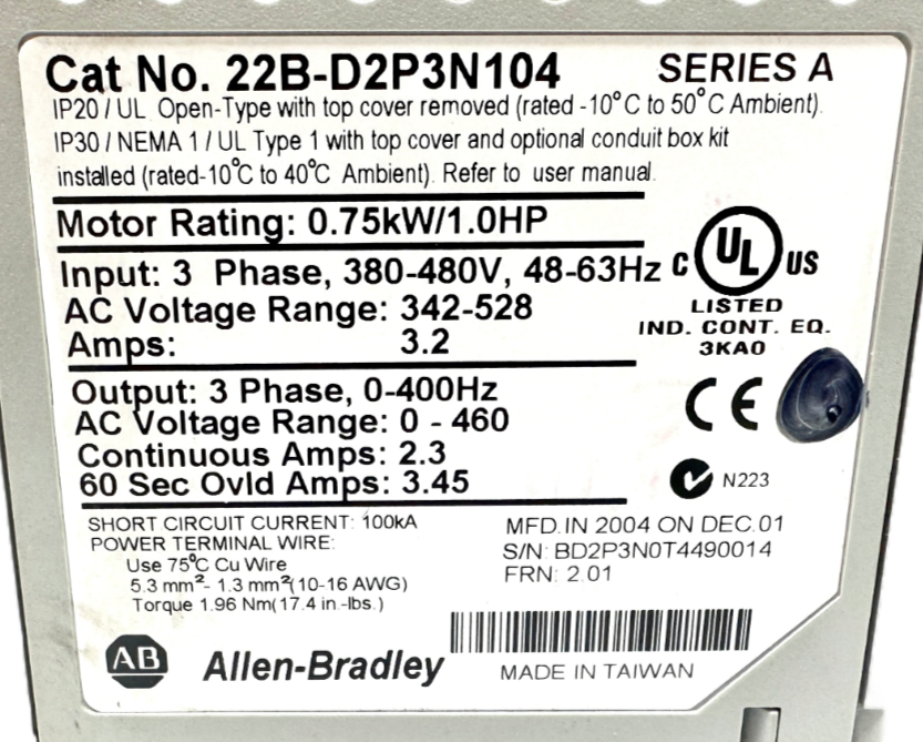 used Allen Bradley 22B-D2P3N104 PowerFlex 40 Drive - ALLEN BRADLEY