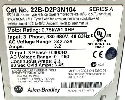 used Allen Bradley 22B-D2P3N104 PowerFlex 40 Drive - ALLEN BRADLEY