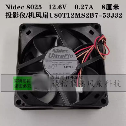 Nidec U80T12MS2B7-53J32 8025 DC12.6V 0.27A 3-Pin Silent Cooling Fan